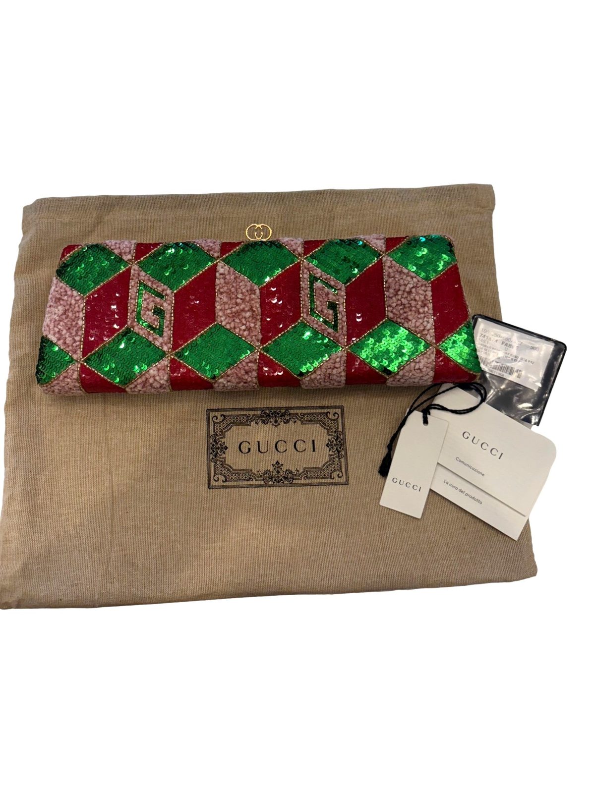 Gucci Broadway Sequin Crystal Embellished Chain Clutch Shoulder Bag Red Green Pink