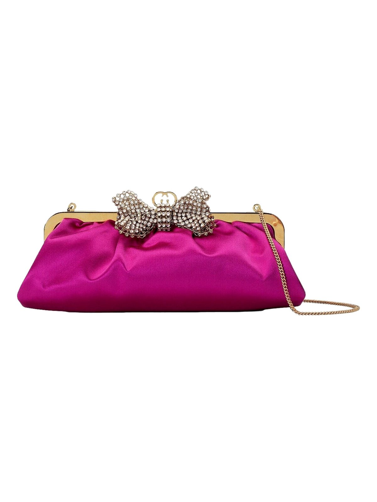 Gucci Broadway Crystal Bow Clutch Chain Shoulder Bag Fuchsia Satin