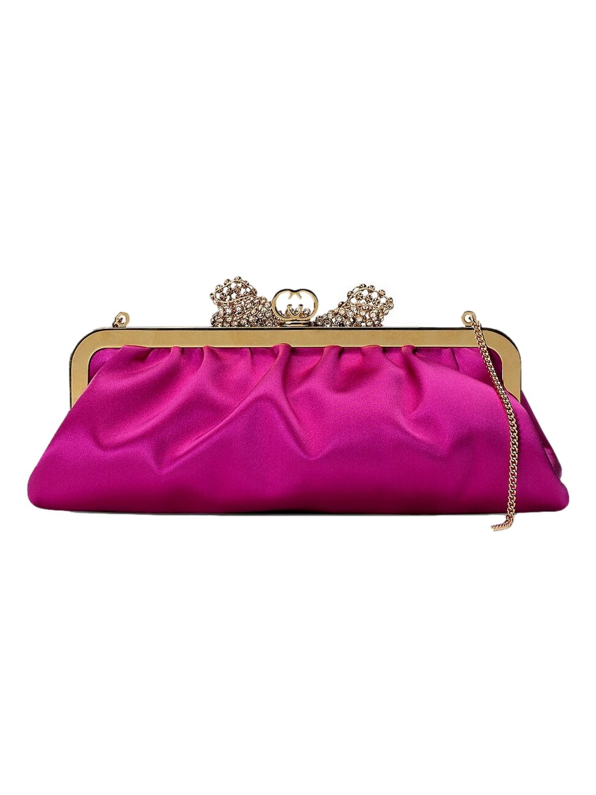Gucci Broadway Crystal Bow Clutch Chain Shoulder Bag Fuchsia Satin