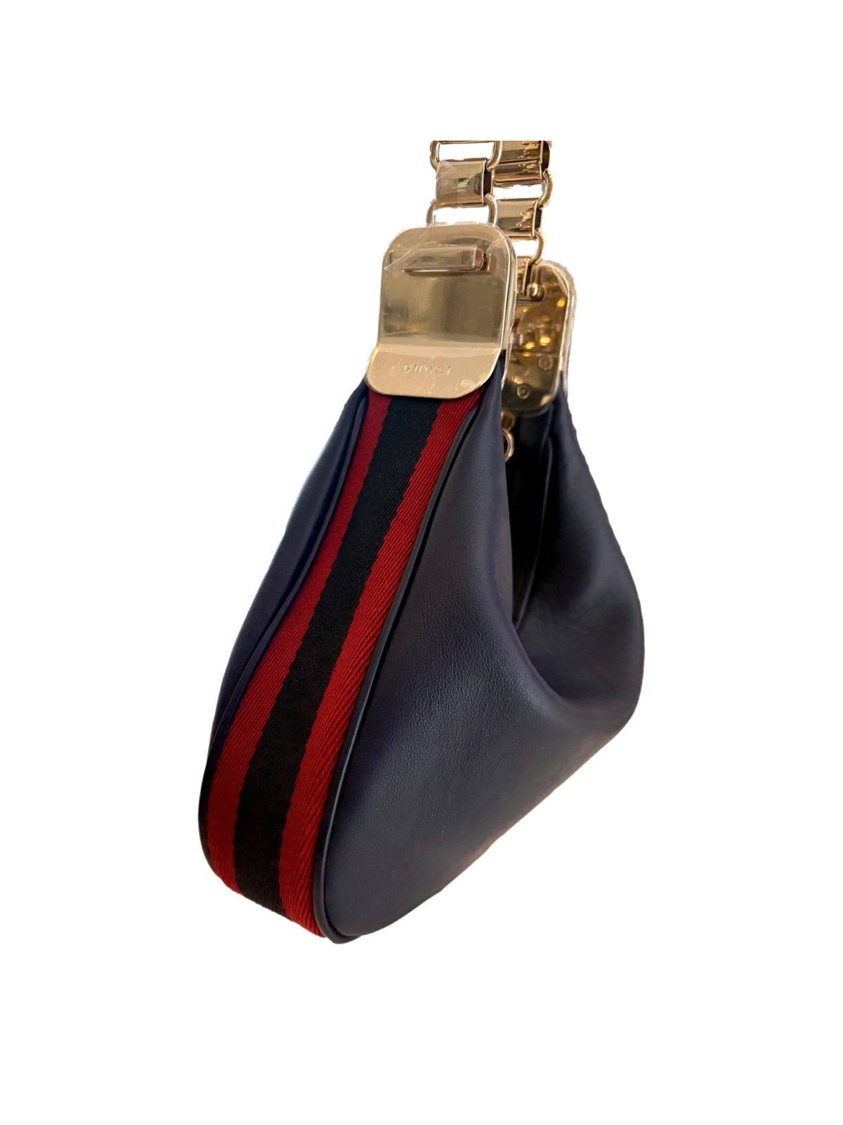 Gucci Attaché Small Navy Leather Shoulder Crossbody Bag G Clasp Web Stripe