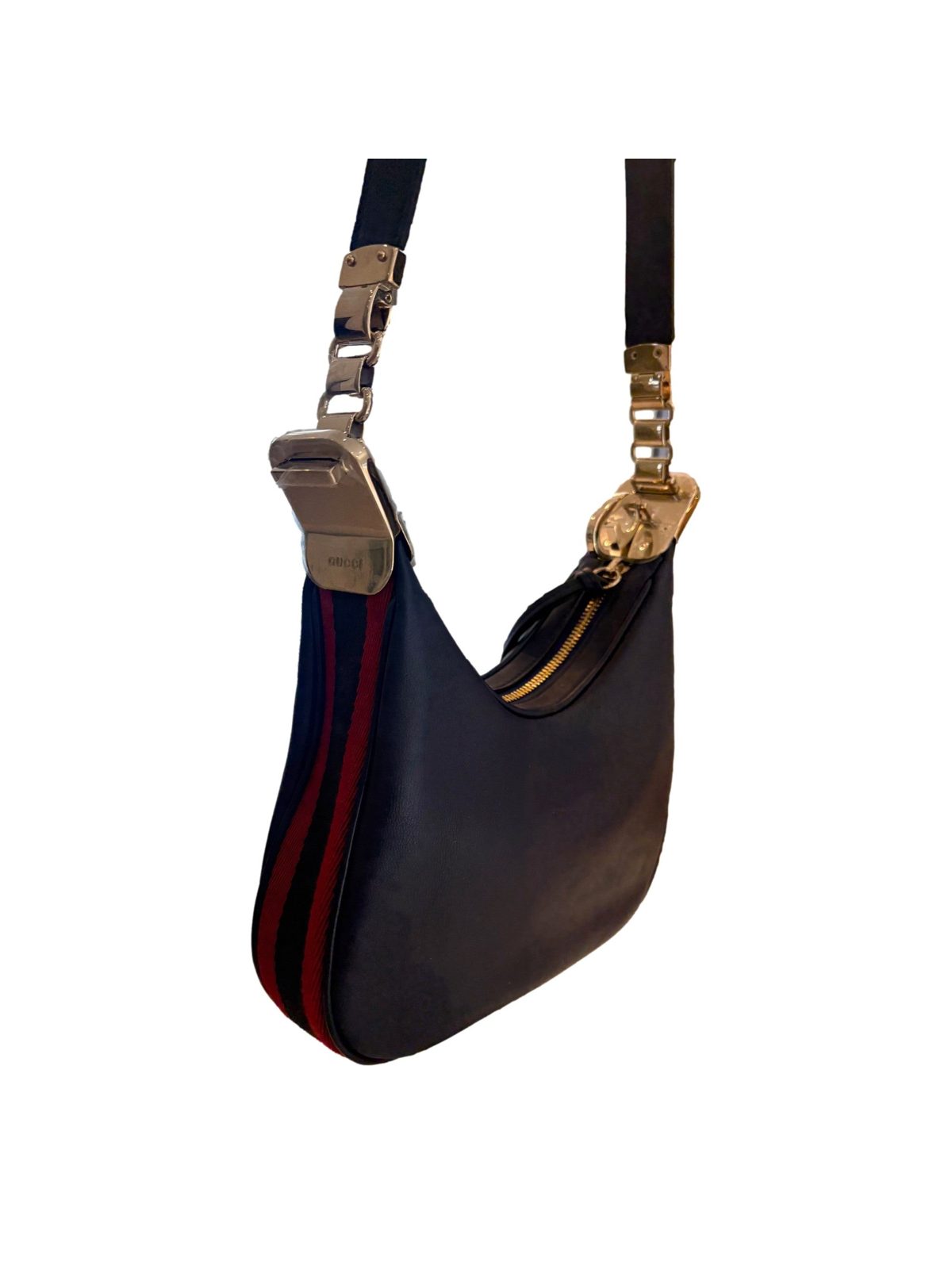 Gucci Attaché Small Navy Leather Shoulder Crossbody Bag G Clasp Web Stripe
