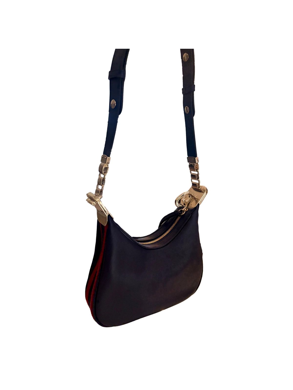 Gucci Attaché Small Navy Leather Shoulder Crossbody Bag G Clasp Web Stripe