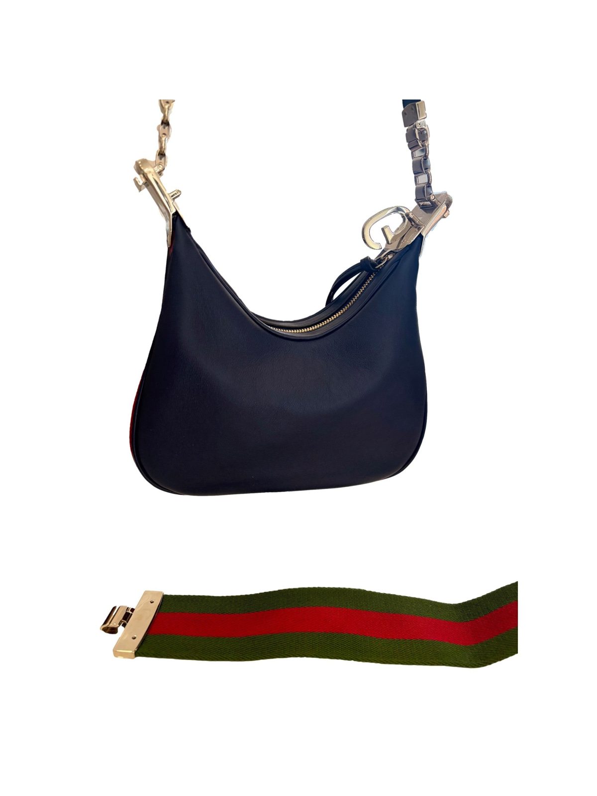 Gucci Attaché Small Navy Leather Shoulder Crossbody Bag G Clasp Web Stripe
