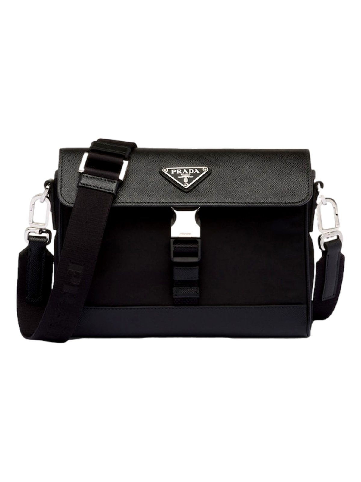 Prada Nero Black Re-Nylon Saffiano Silver Triangle Logo Messenger Crossbody Bag