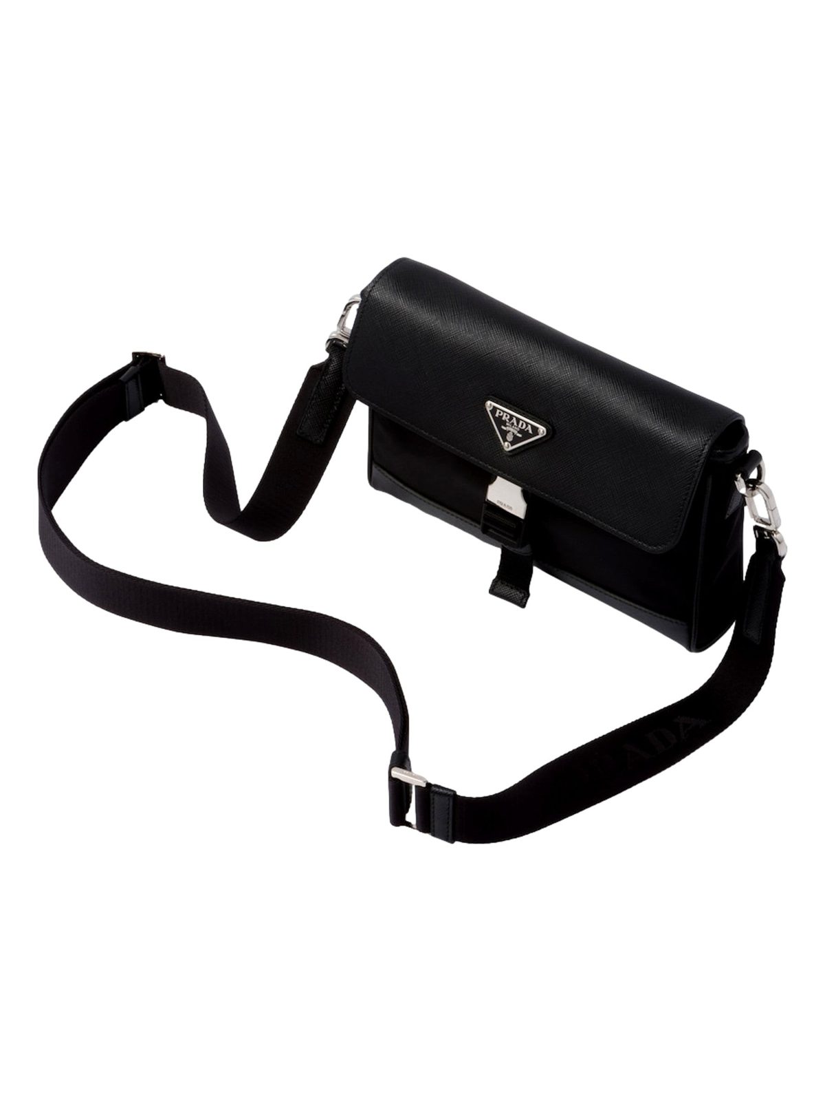 Prada Nero Black Re-Nylon Saffiano Silver Triangle Logo Messenger Crossbody Bag