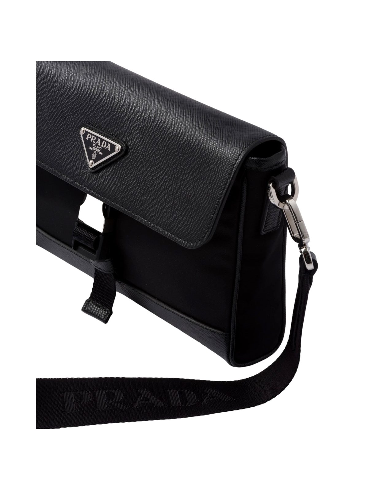 Prada Nero Black Re-Nylon Saffiano Silver Triangle Logo Messenger Crossbody Bag