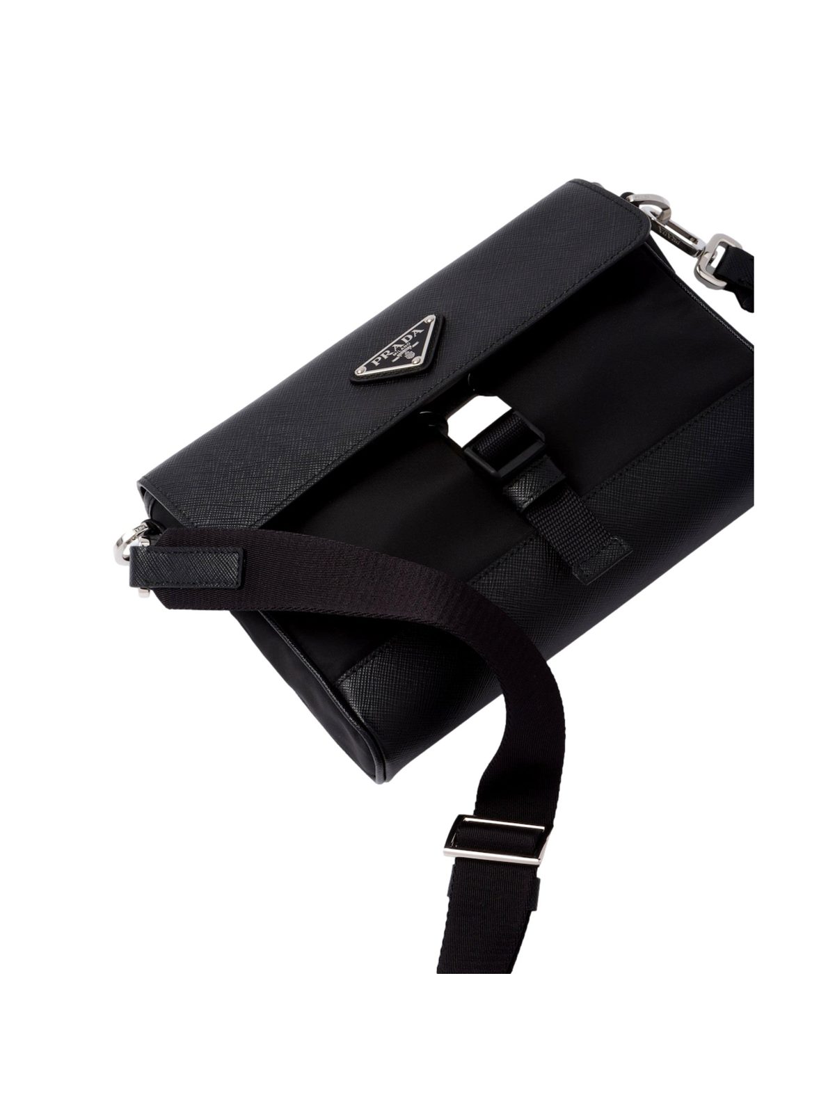 Prada Nero Black Re-Nylon Saffiano Silver Triangle Logo Messenger Crossbody Bag