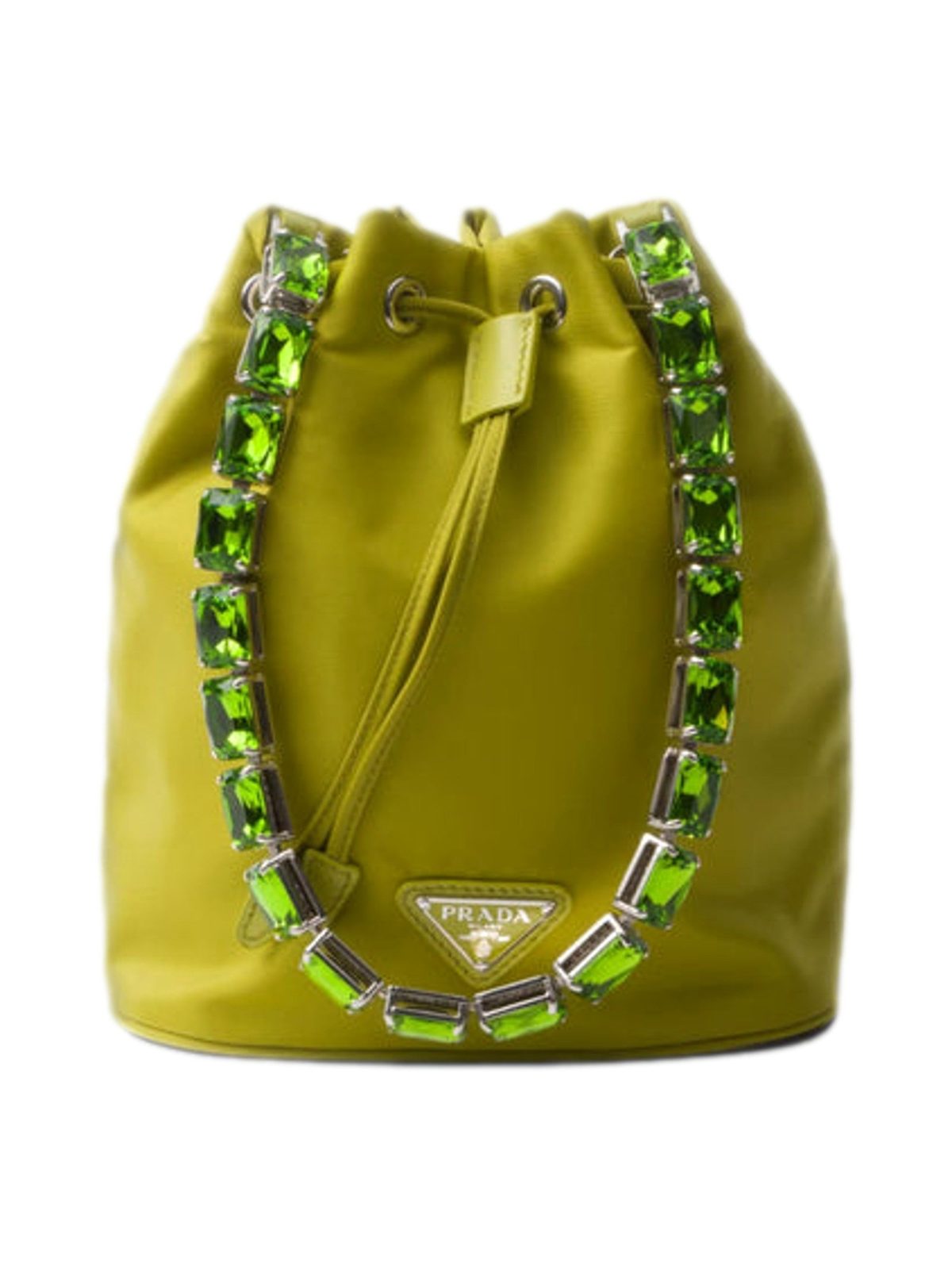 Prada Re-Nylon Felce Green Drawstring Bucket Bag Embellished Crystal Handle