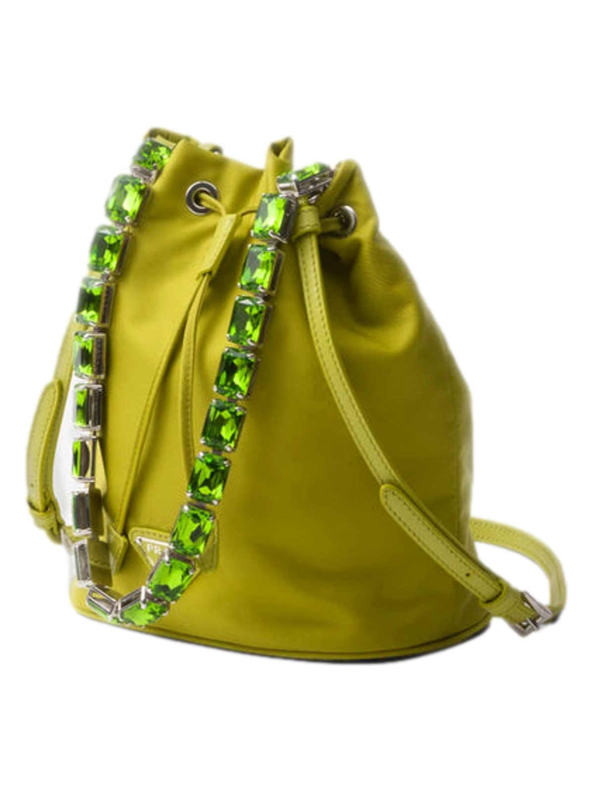 Prada Re-Nylon Felce Green Drawstring Bucket Bag Embellished Crystal Handle
