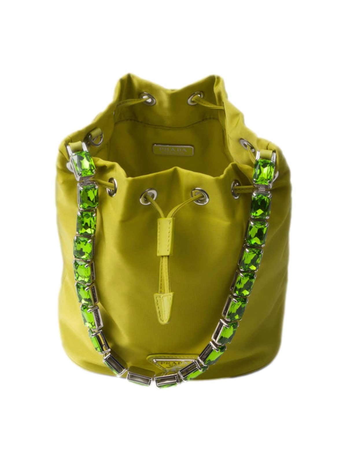 Prada Re-Nylon Felce Green Drawstring Bucket Bag Embellished Crystal Handle