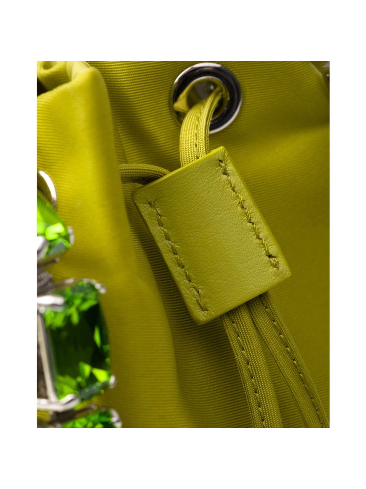 Prada Re-Nylon Felce Green Drawstring Bucket Bag Embellished Crystal Handle