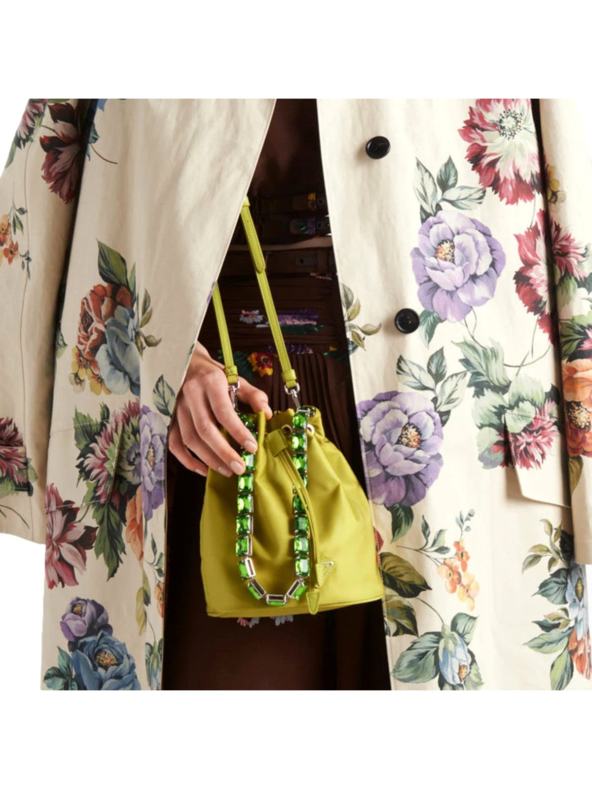 Prada Re-Nylon Felce Green Drawstring Bucket Bag Embellished Crystal Handle