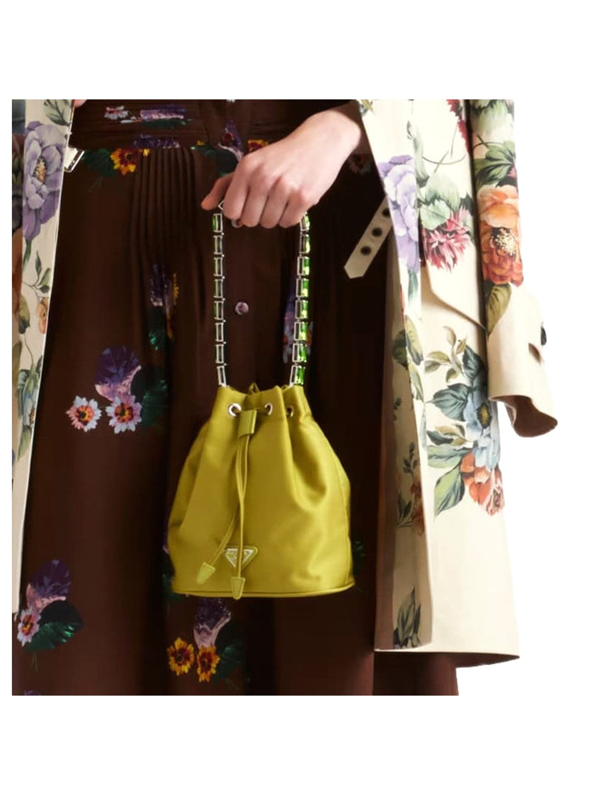 Prada Re-Nylon Felce Green Drawstring Bucket Bag Embellished Crystal Handle