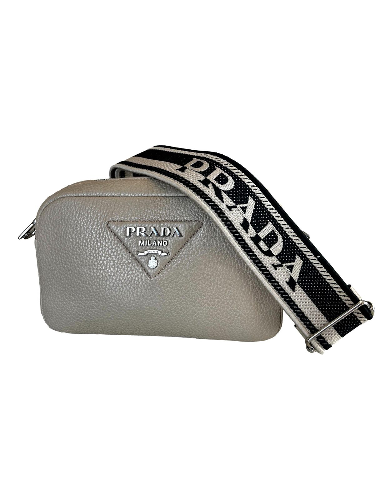 Prada Vitello Daino Leather Sabbia Beige Web Strap Camera Crossbody