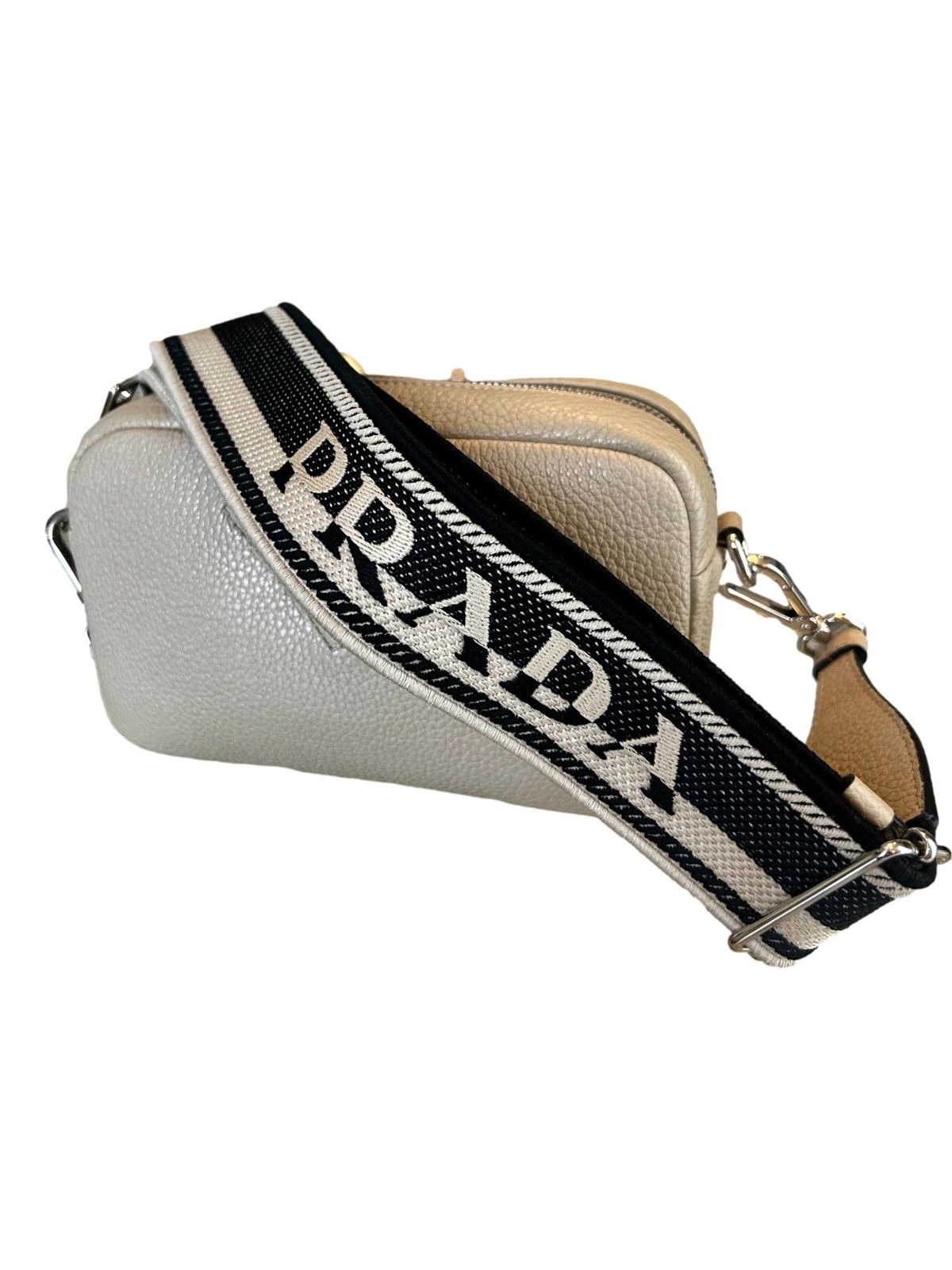 Prada Vitello Daino Leather Sabbia Beige Web Strap Camera Crossbody