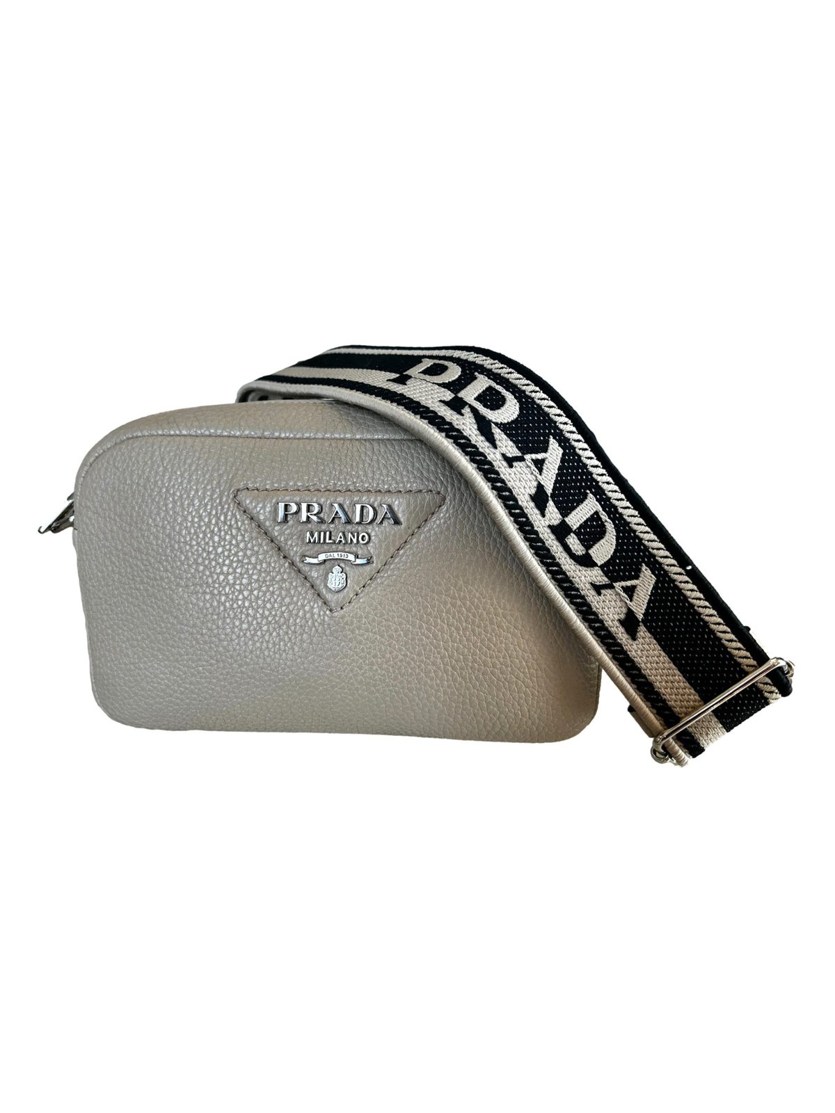 Prada Vitello Daino Leather Sabbia Beige Web Strap Camera Crossbody