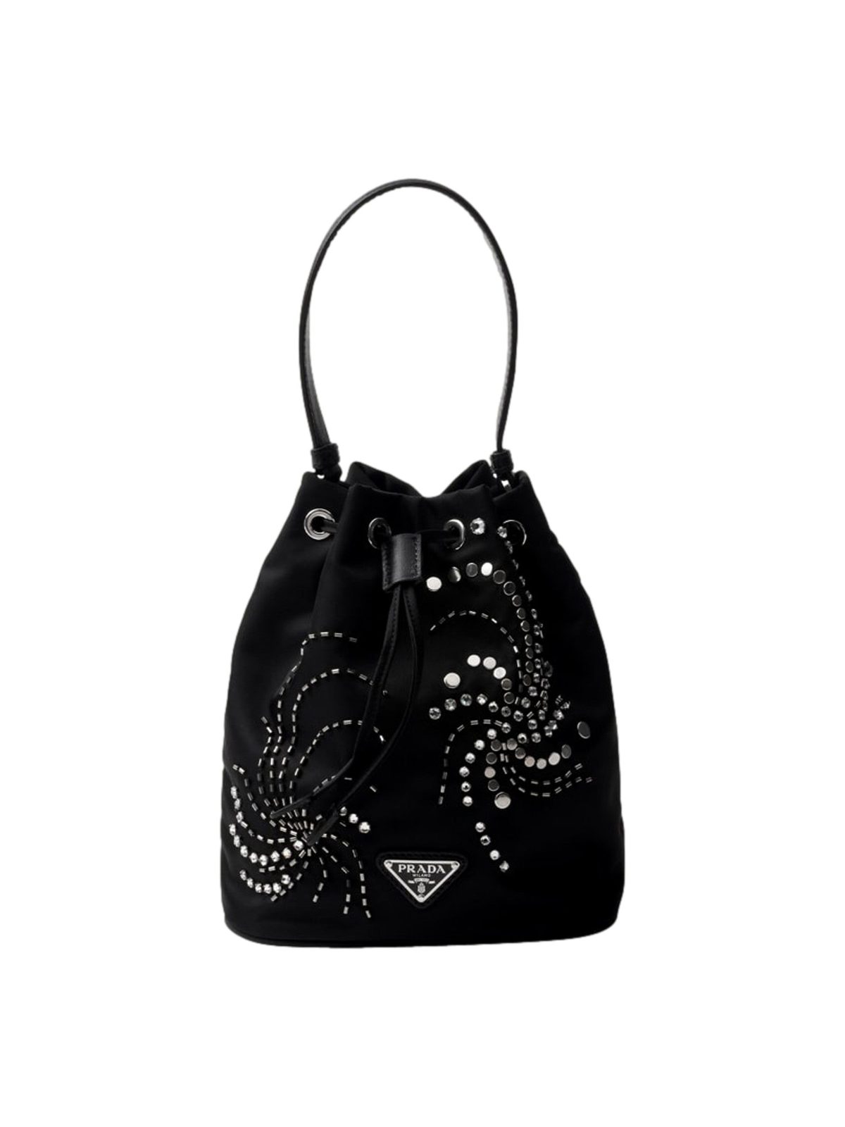 Prada Re-Nylon Mini Drawstring Bucket Bag Black Beaded Embroidered
