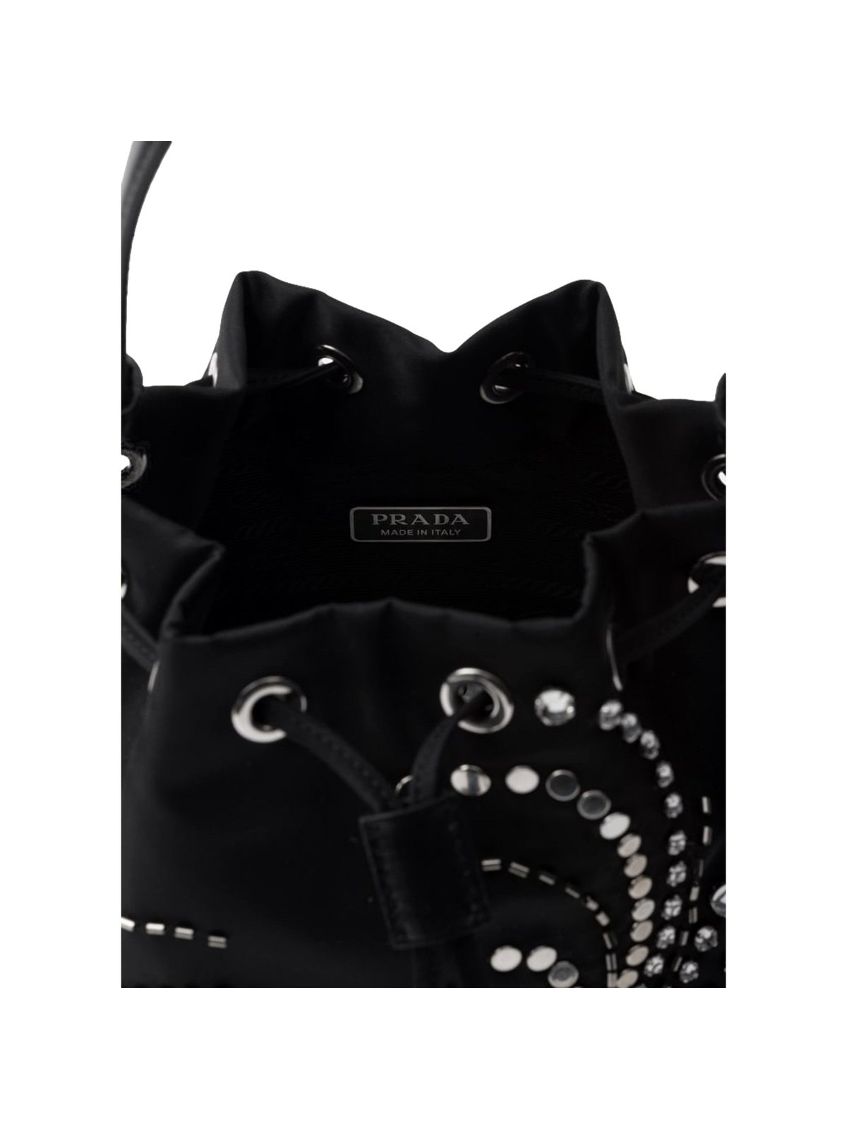 Prada Re-Nylon Mini Drawstring Bucket Bag Black Beaded Embroidered