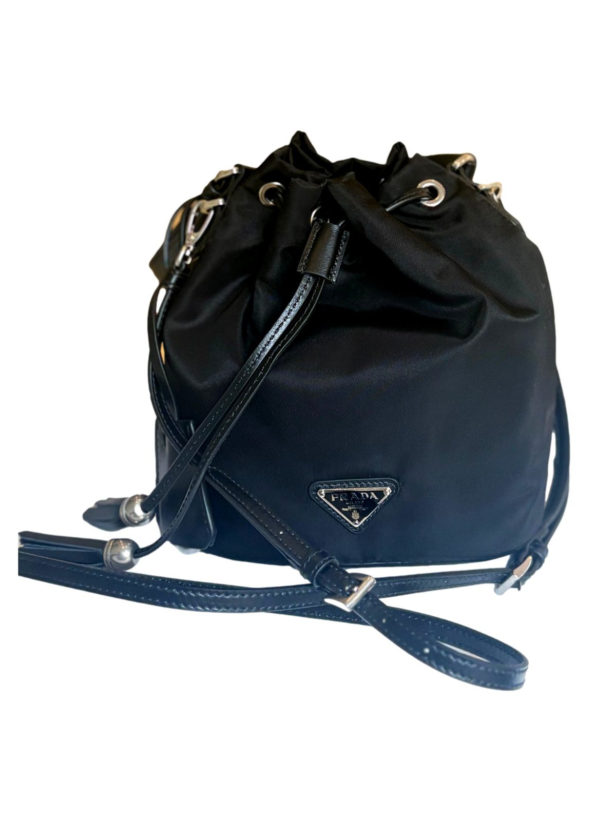 Prada Re-Nylon Black Tassel Drawstring Bucket Bag