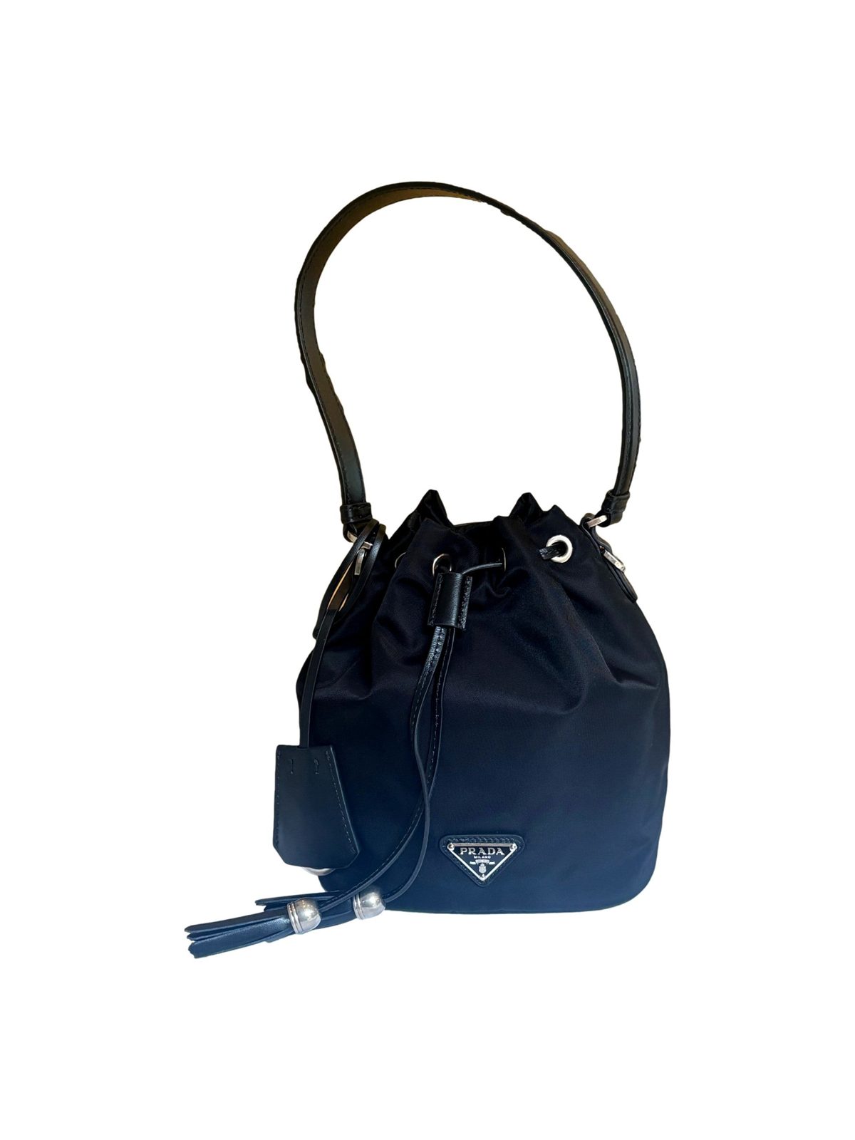 Prada Re-Nylon Black Tassel Drawstring Bucket Bag