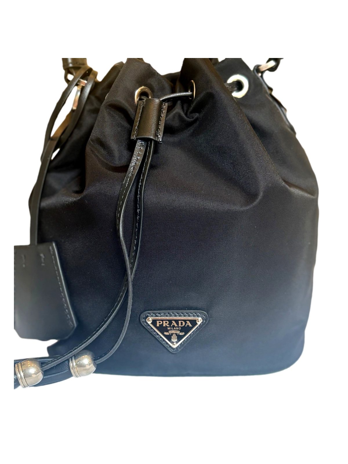 Prada Re-Nylon Black Tassel Drawstring Bucket Bag