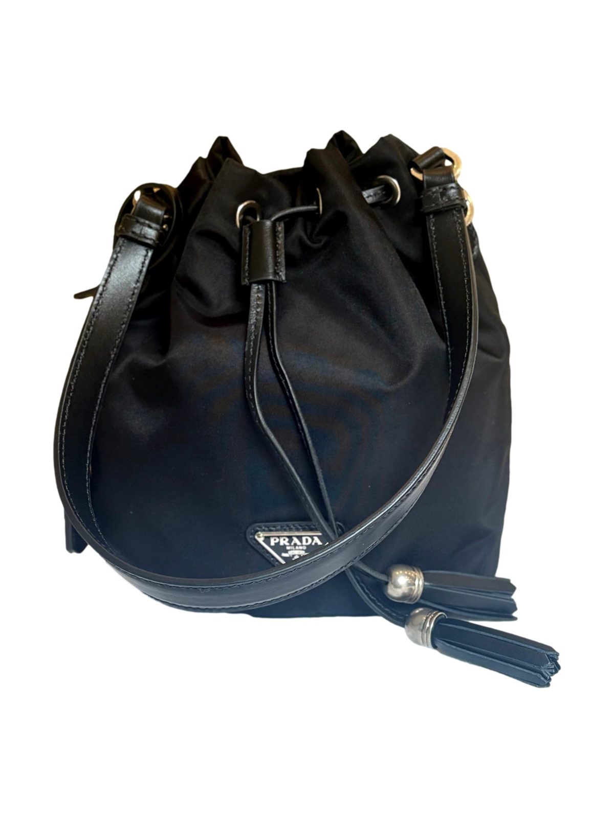 Prada Re-Nylon Black Tassel Drawstring Bucket Bag