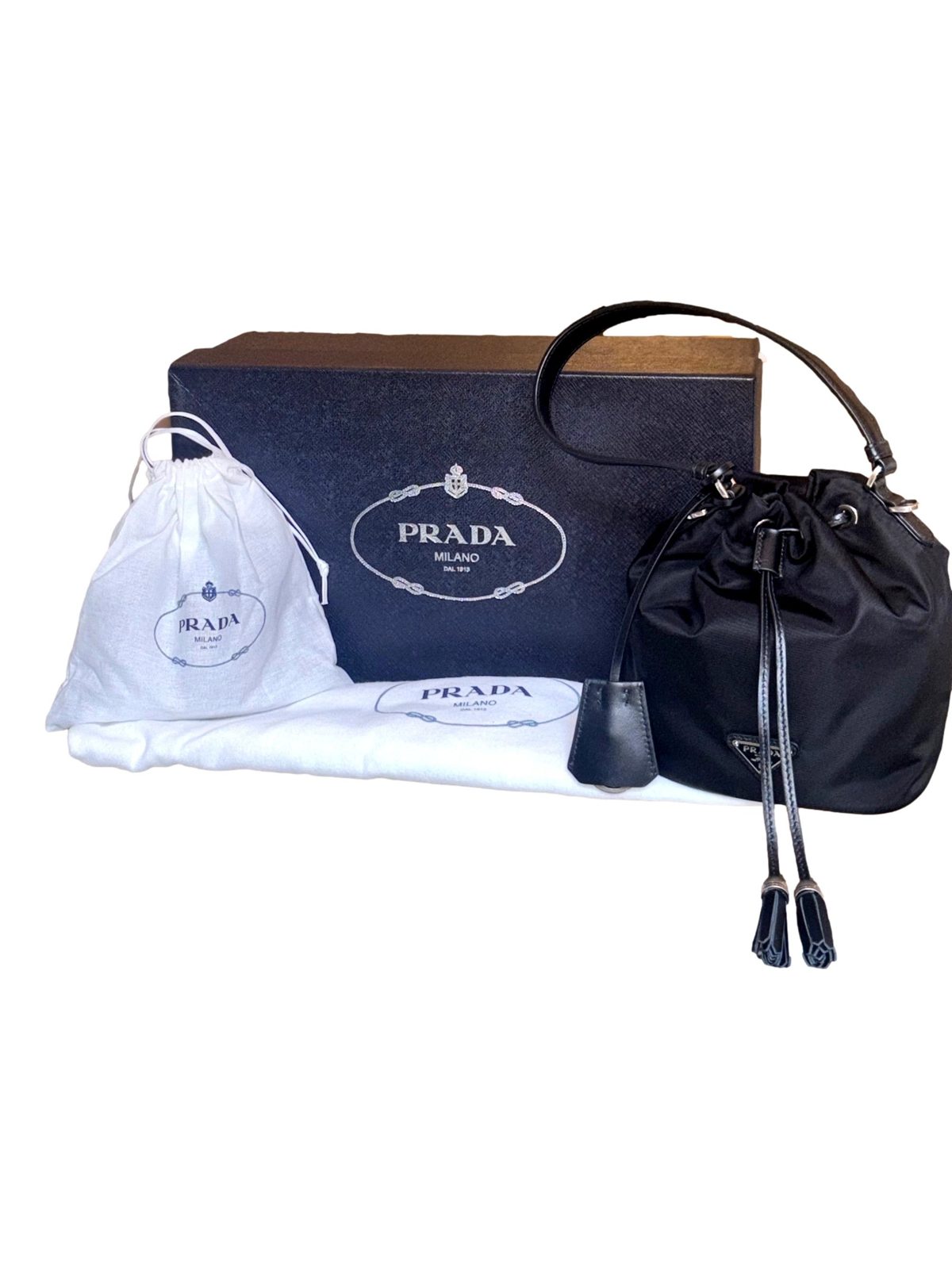 Prada Re-Nylon Black Tassel Drawstring Bucket Bag