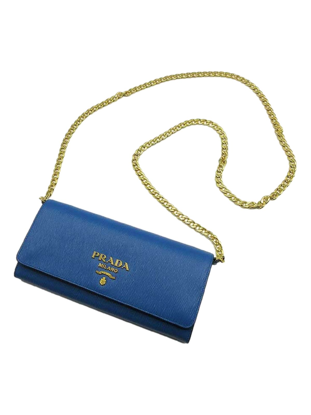 Prada Vitello Move Cobalto Blue Leather Chain Crossbody Wallet Clutch