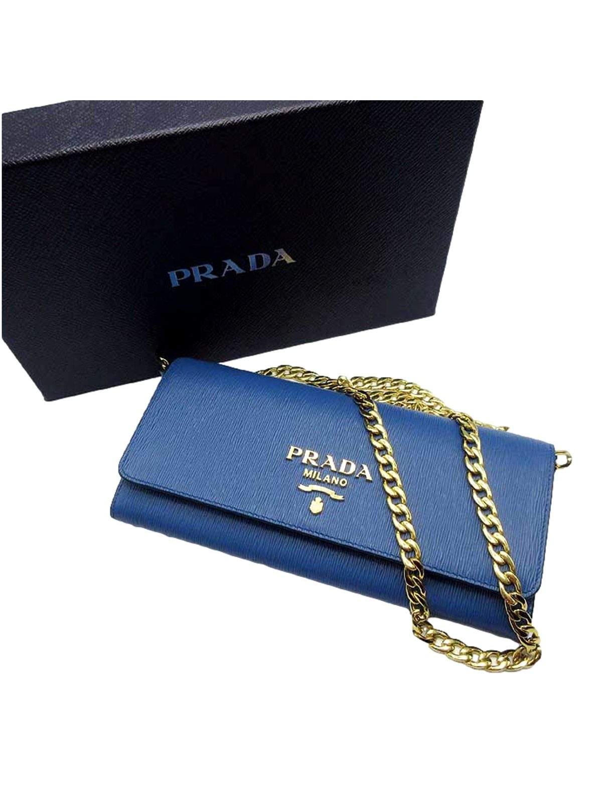 Prada Vitello Move Cobalto Blue Leather Chain Crossbody Wallet Clutch