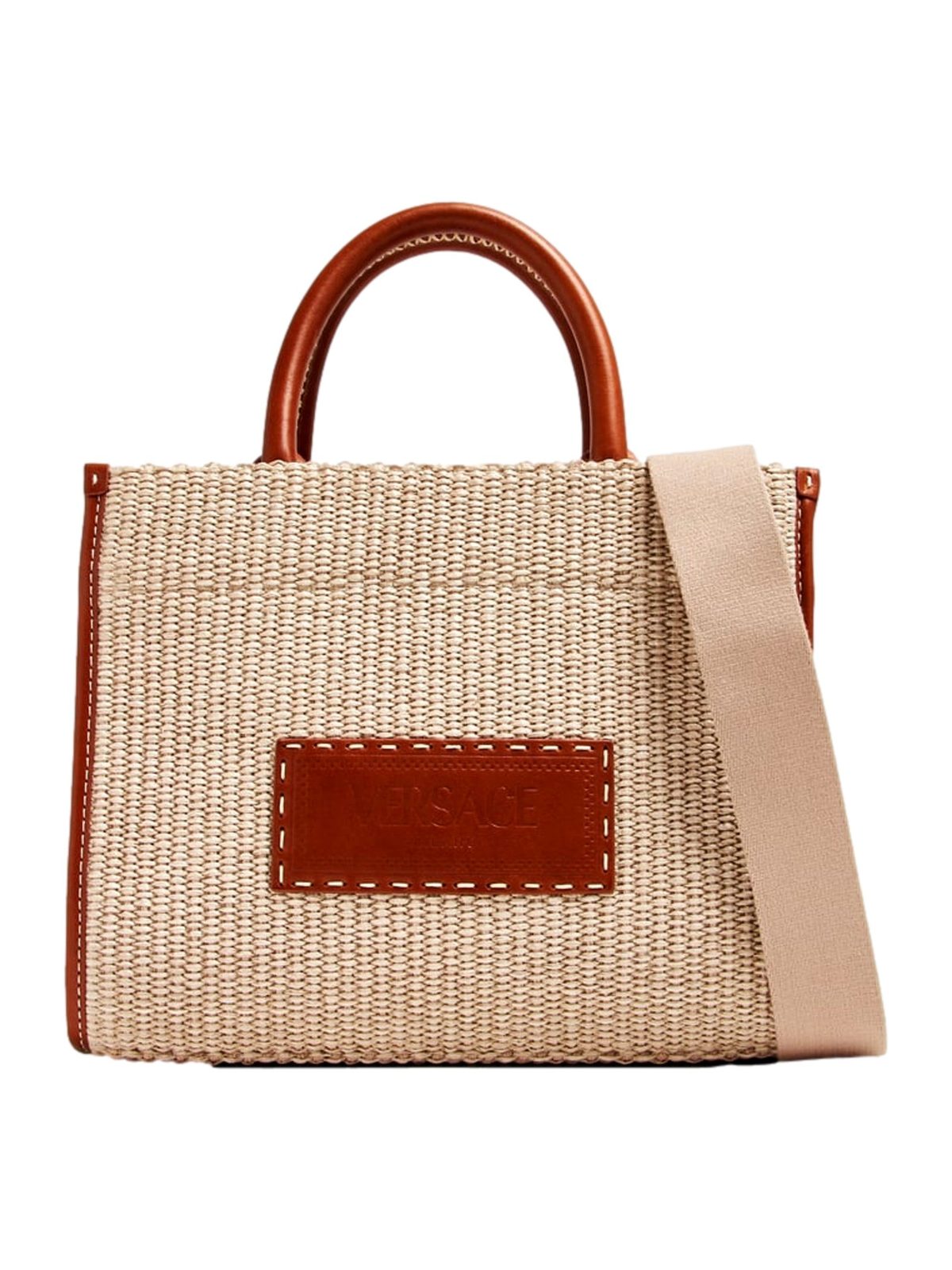 Versace Athena Raffia Small Shopper Tote Beige Leather Trim Shoulder Bag