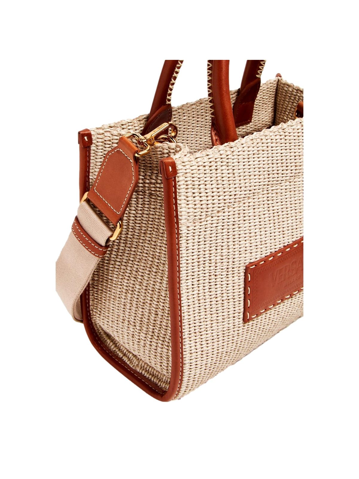 Versace Athena Raffia Small Shopper Tote Beige Leather Trim Shoulder Bag