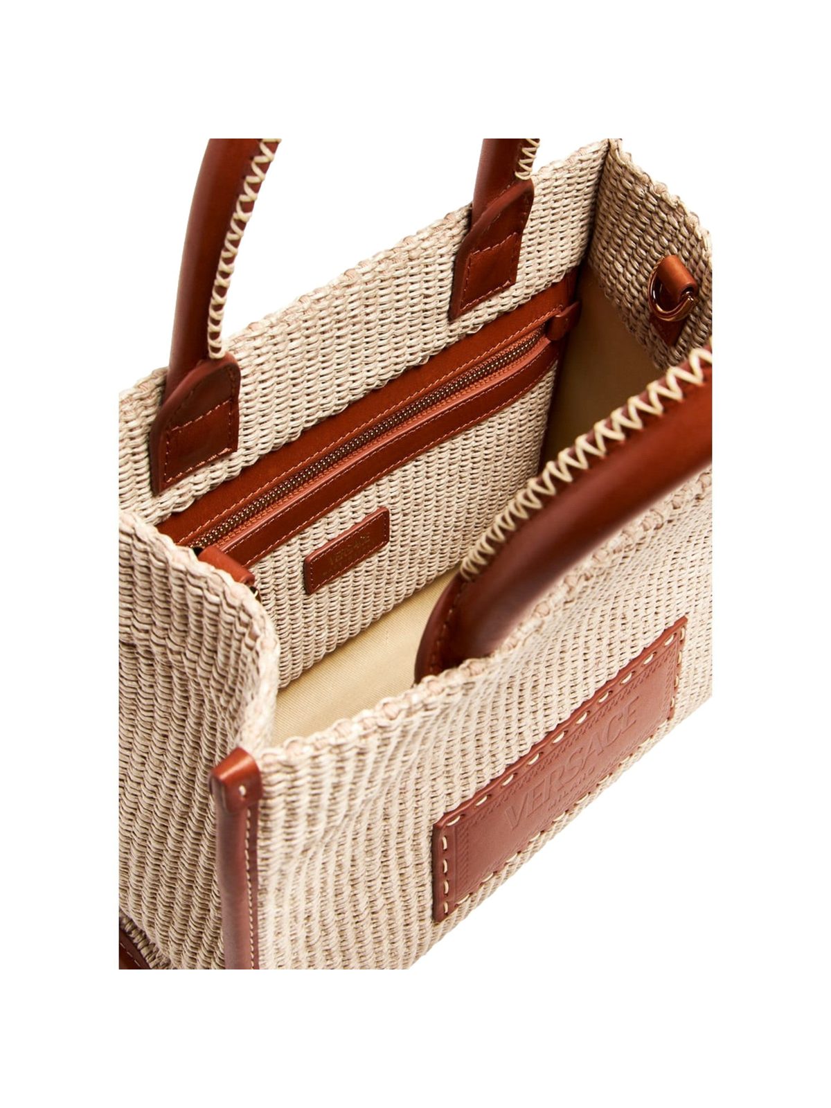 Versace Athena Raffia Small Shopper Tote Beige Leather Trim Shoulder Bag