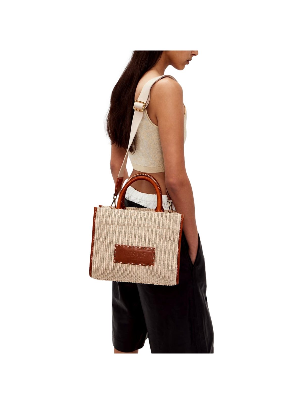 Versace Athena Raffia Small Shopper Tote Beige Leather Trim Shoulder Bag