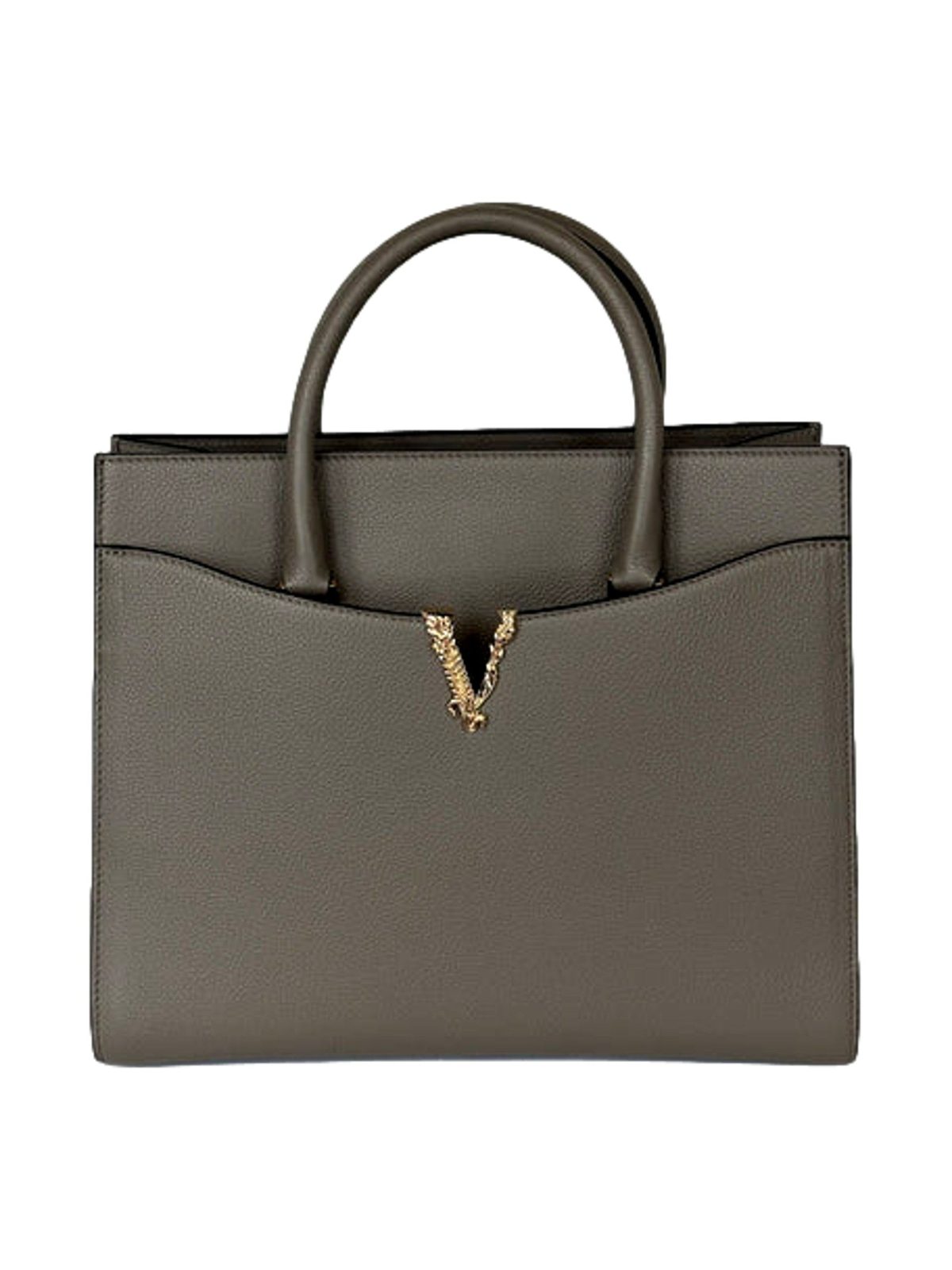 Versace Virtus Medium Top Handle Tote Taupe Grey Calfskin Leather Handbag