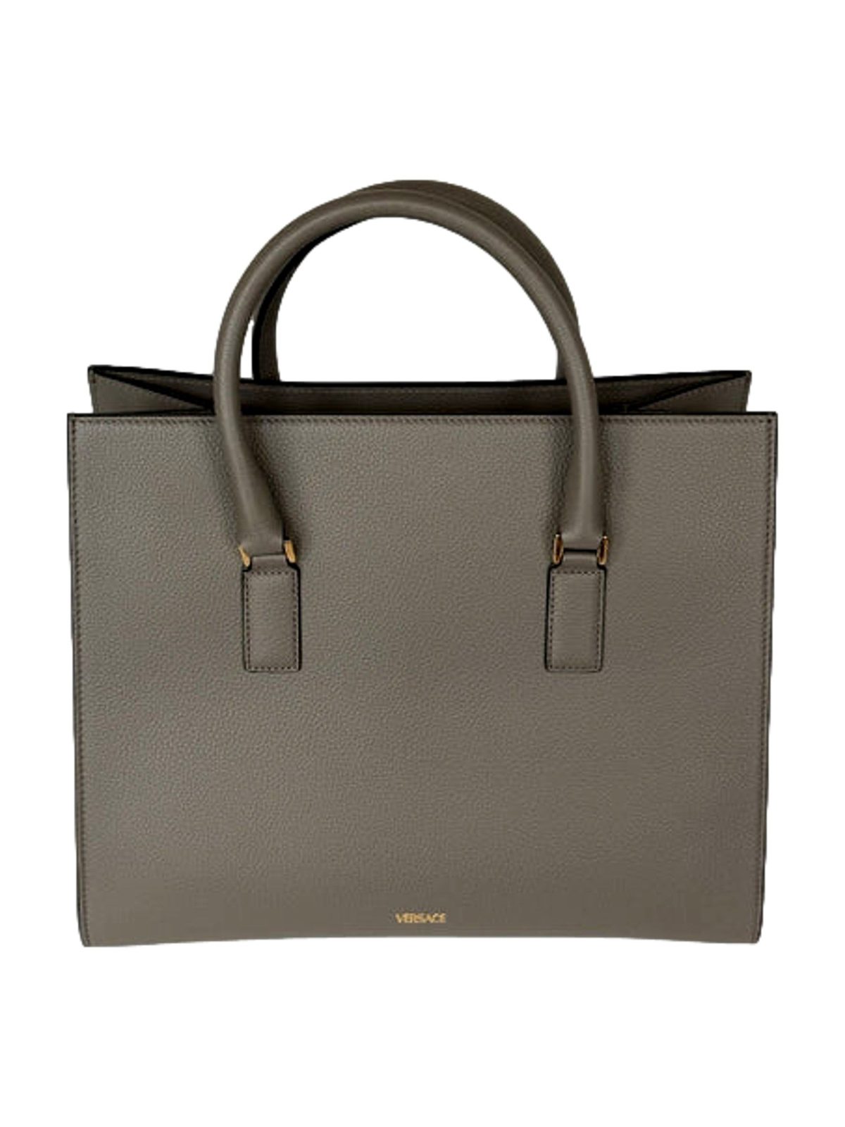 Versace Virtus Medium Top Handle Tote Taupe Grey Calfskin Leather Handbag