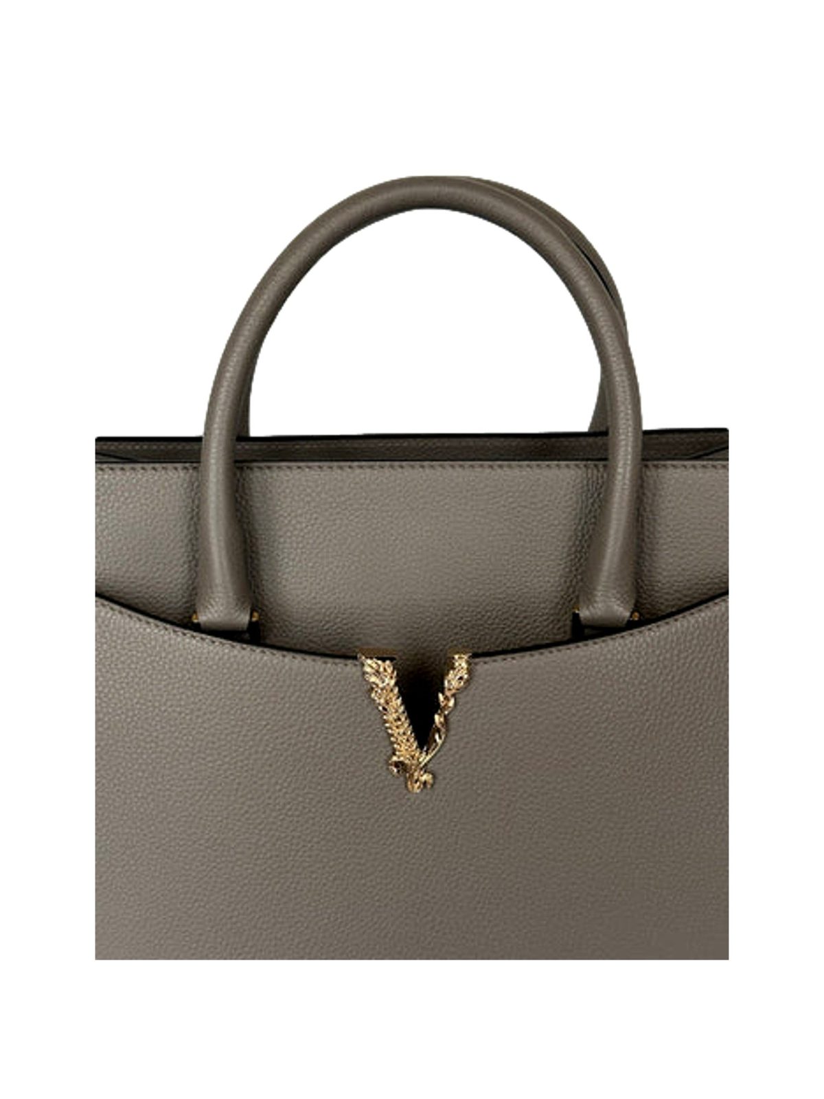 Versace Virtus Medium Top Handle Tote Taupe Grey Calfskin Leather Handbag