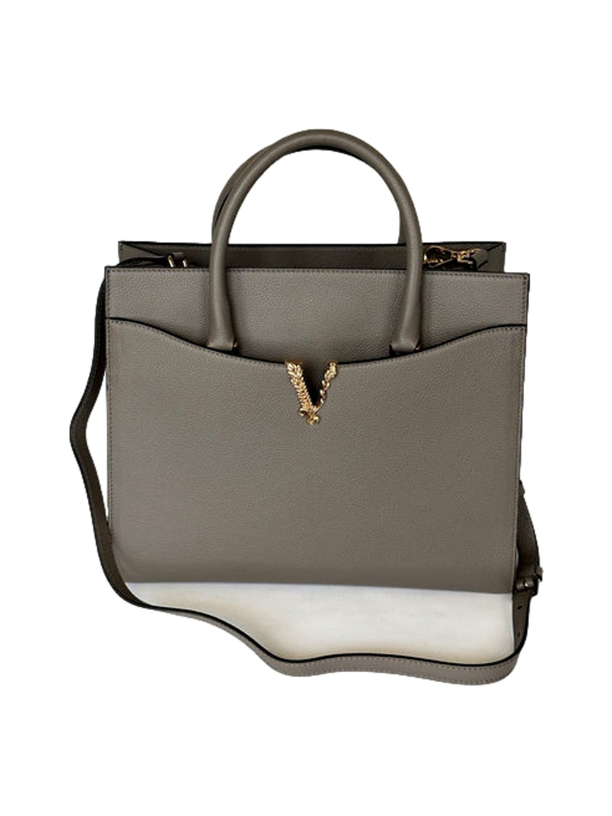Versace Virtus Medium Top Handle Tote Taupe Grey Calfskin Leather Handbag