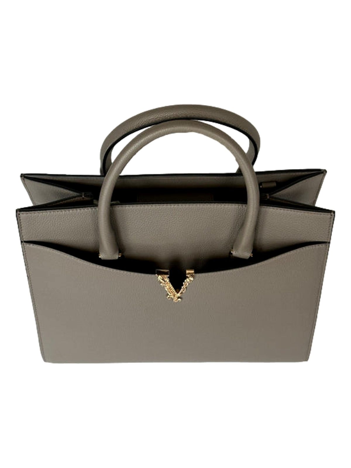 Versace Virtus Medium Top Handle Tote Taupe Grey Calfskin Leather Handbag