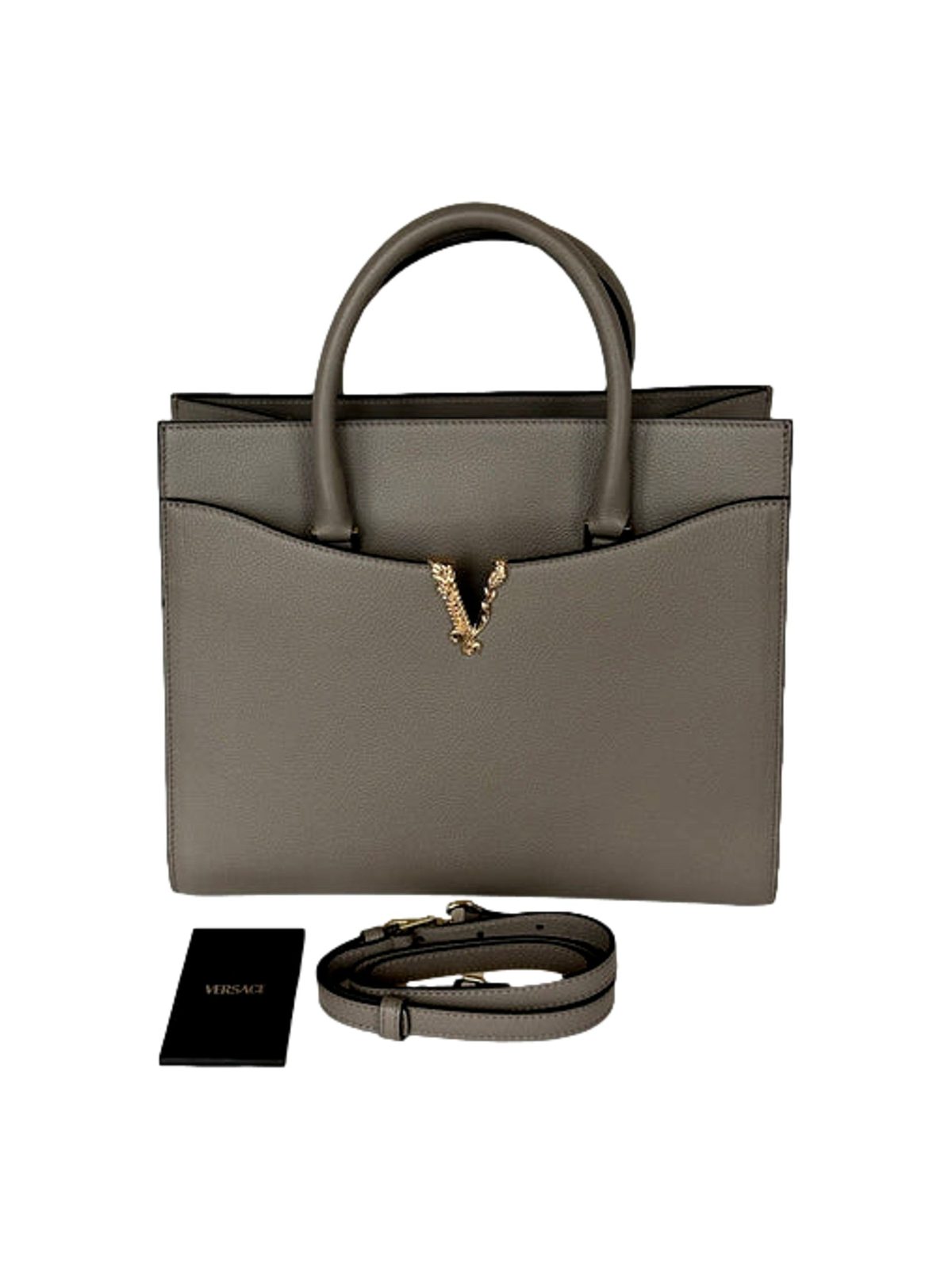 Versace Virtus Medium Top Handle Tote Taupe Grey Calfskin Leather Handbag