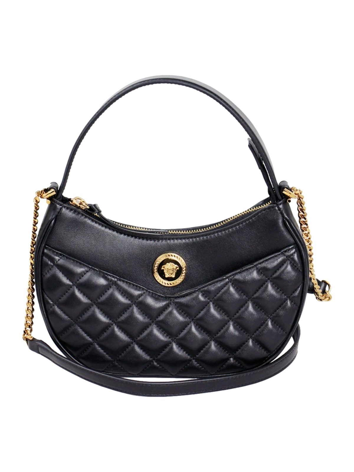 Versace La Medusa Half Moon Hobo Shoulder Crossbody Bag Black Leather