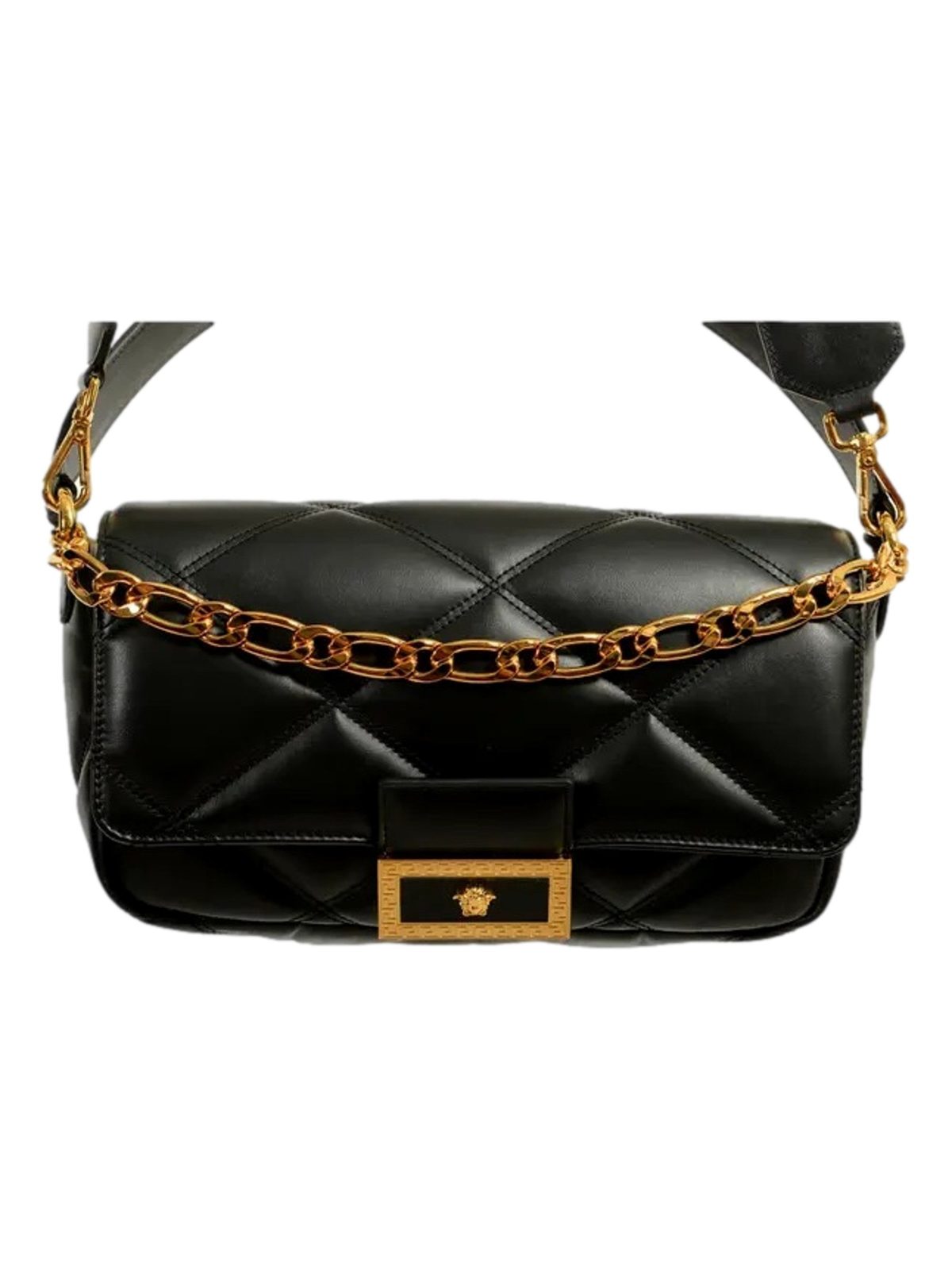 Versace La Medusa Quilted Black Calfskin Leather Crossbody Bag Gold Chain