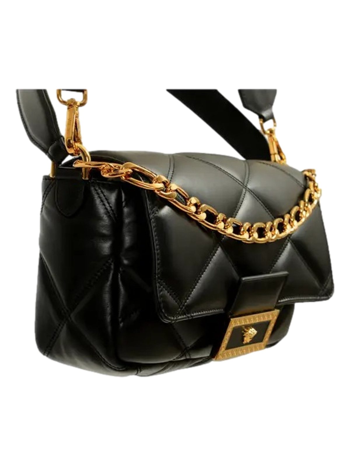 Versace La Medusa Quilted Black Calfskin Leather Crossbody Bag Gold Chain