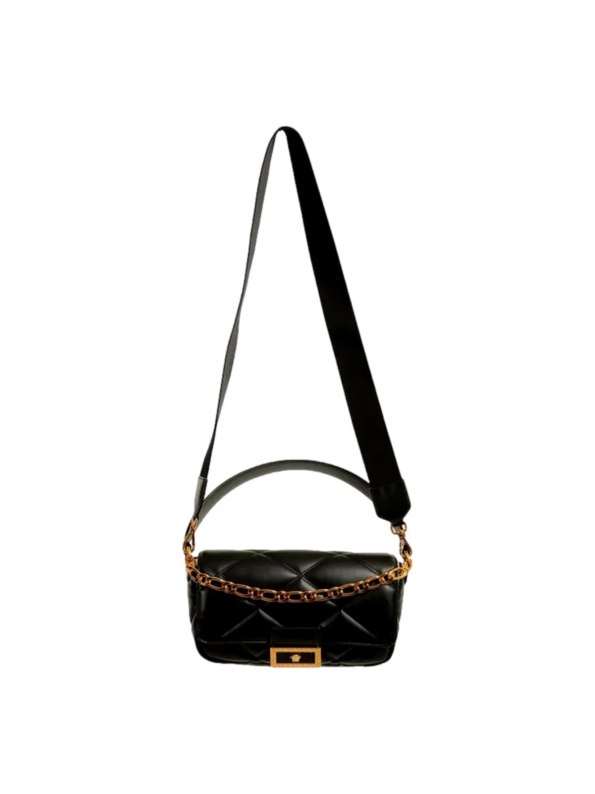 Versace La Medusa Quilted Black Calfskin Leather Crossbody Bag Gold Chain