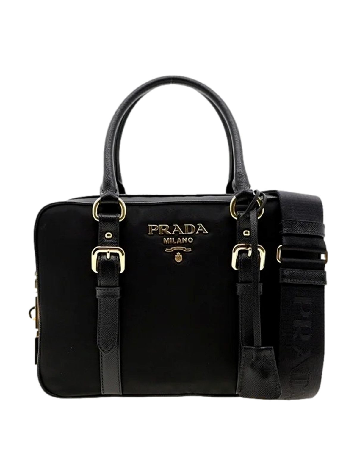 Prada Bauletto Tessuto Nylon Saffiano Black Satchel Bag Gold Lock