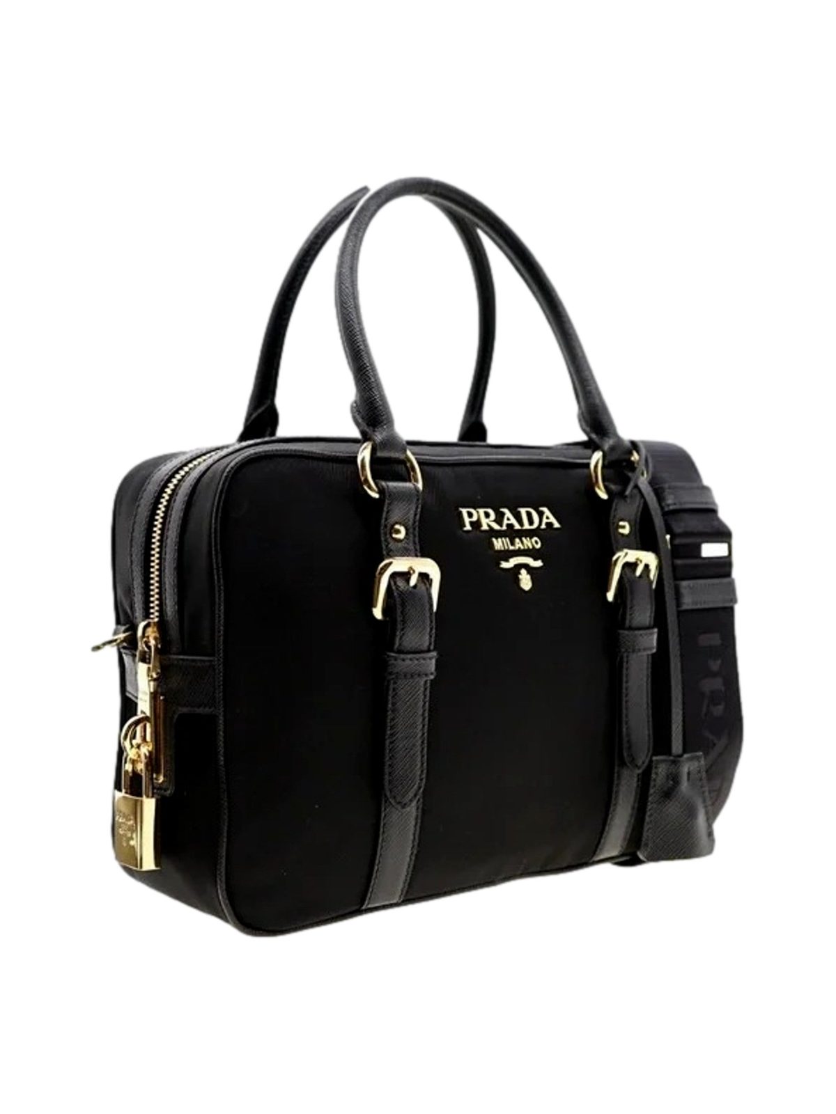 Prada Bauletto Tessuto Nylon Saffiano Black Satchel Bag Gold Lock