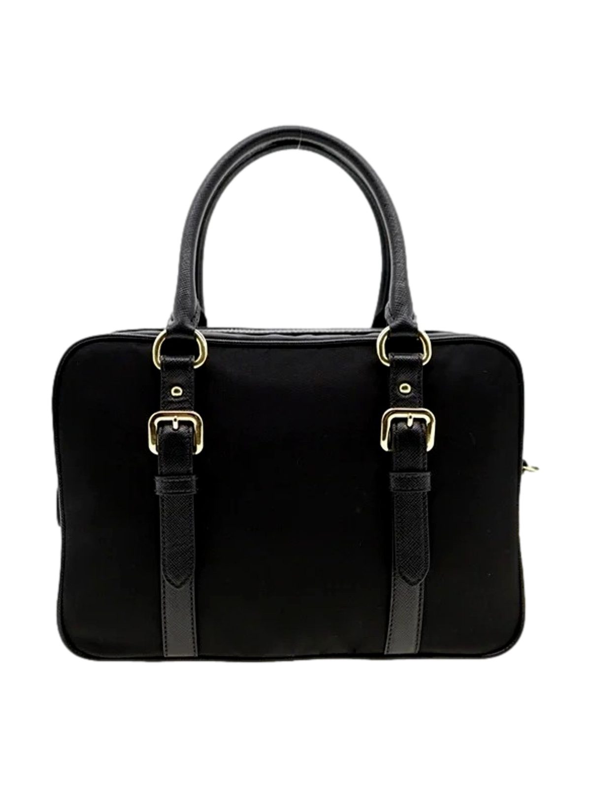 Prada Bauletto Tessuto Nylon Saffiano Black Satchel Bag Gold Lock