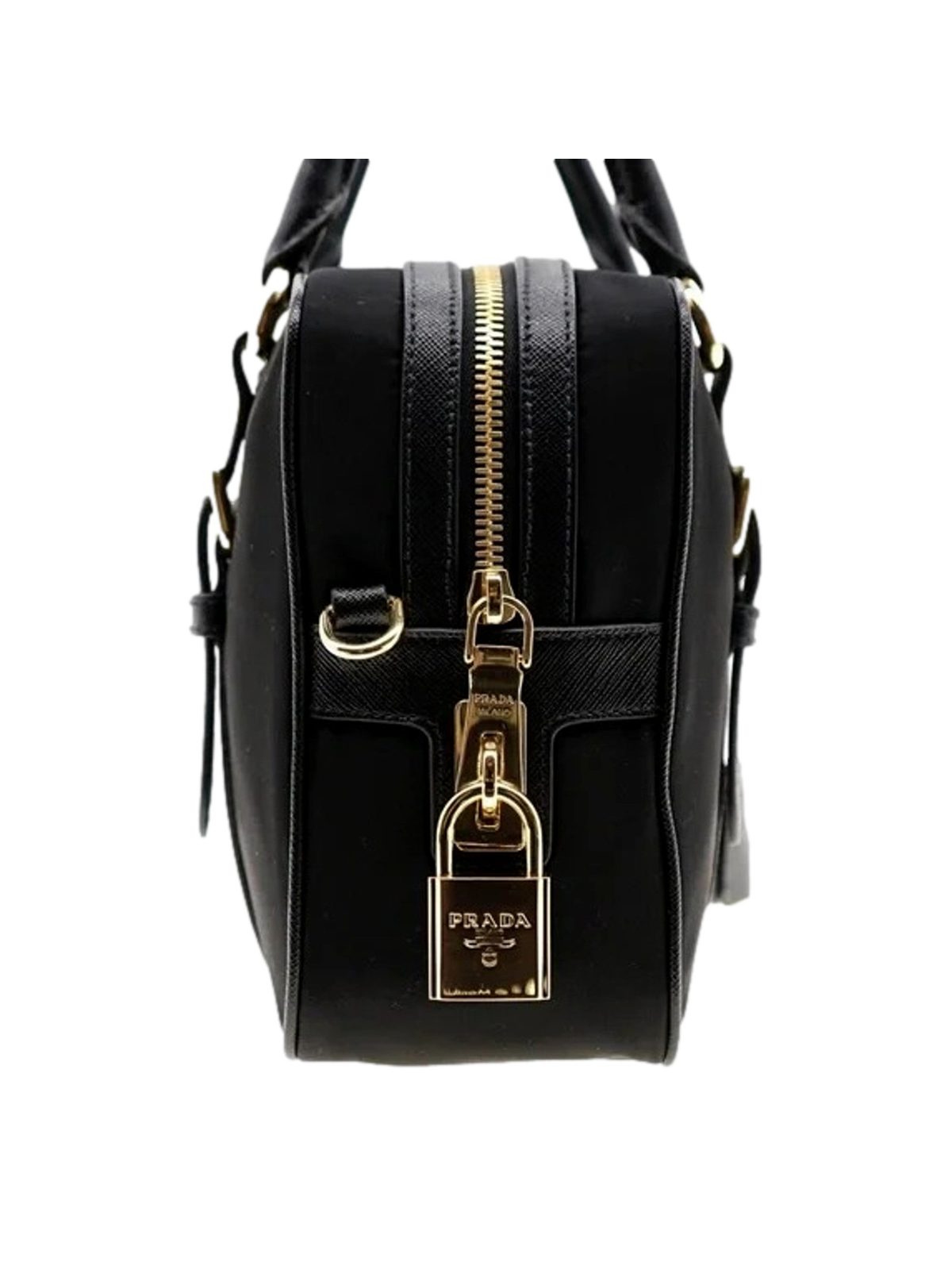 Prada Bauletto Tessuto Nylon Saffiano Black Satchel Bag Gold Lock