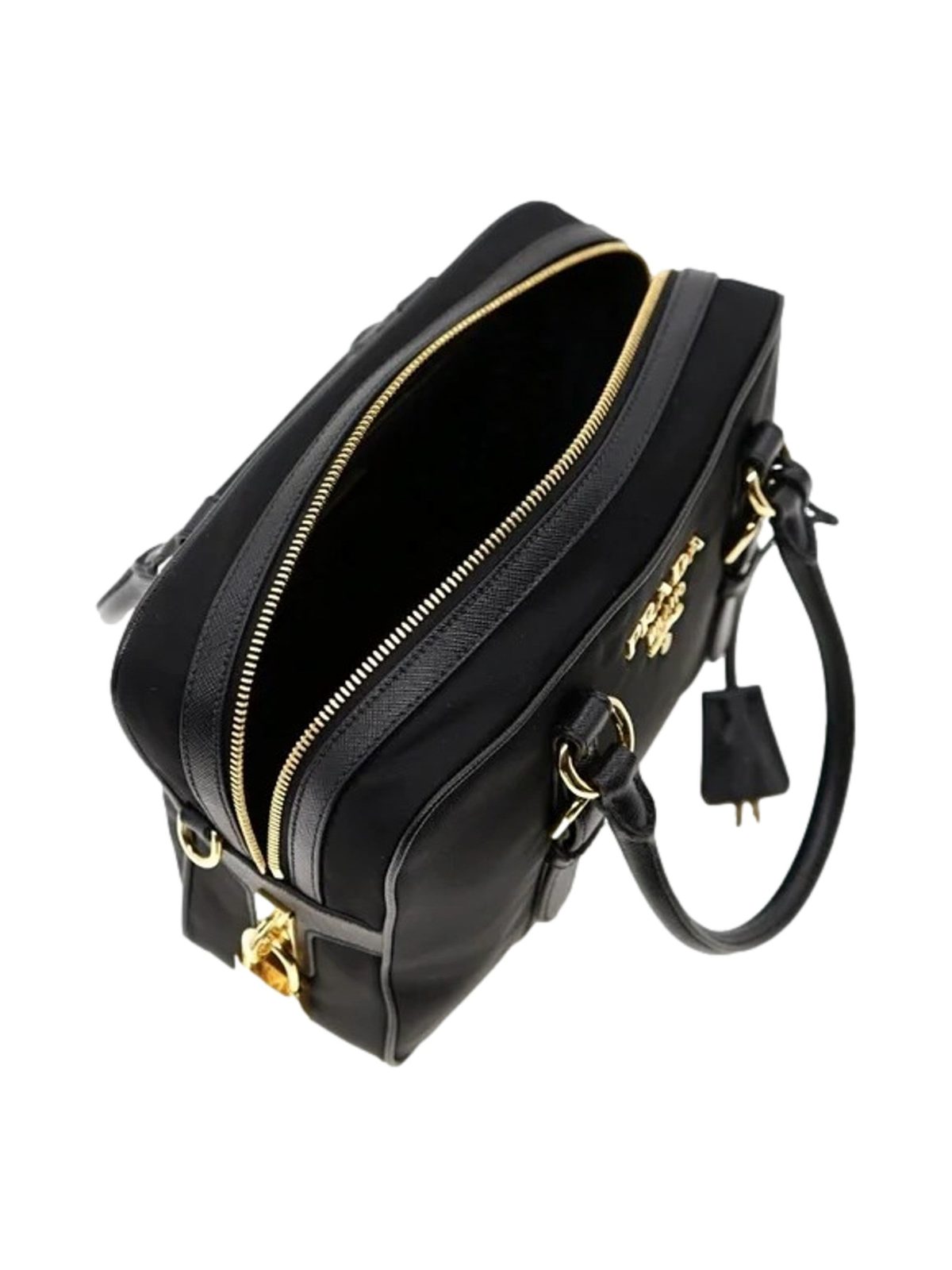 Prada Bauletto Tessuto Nylon Saffiano Black Satchel Bag Gold Lock