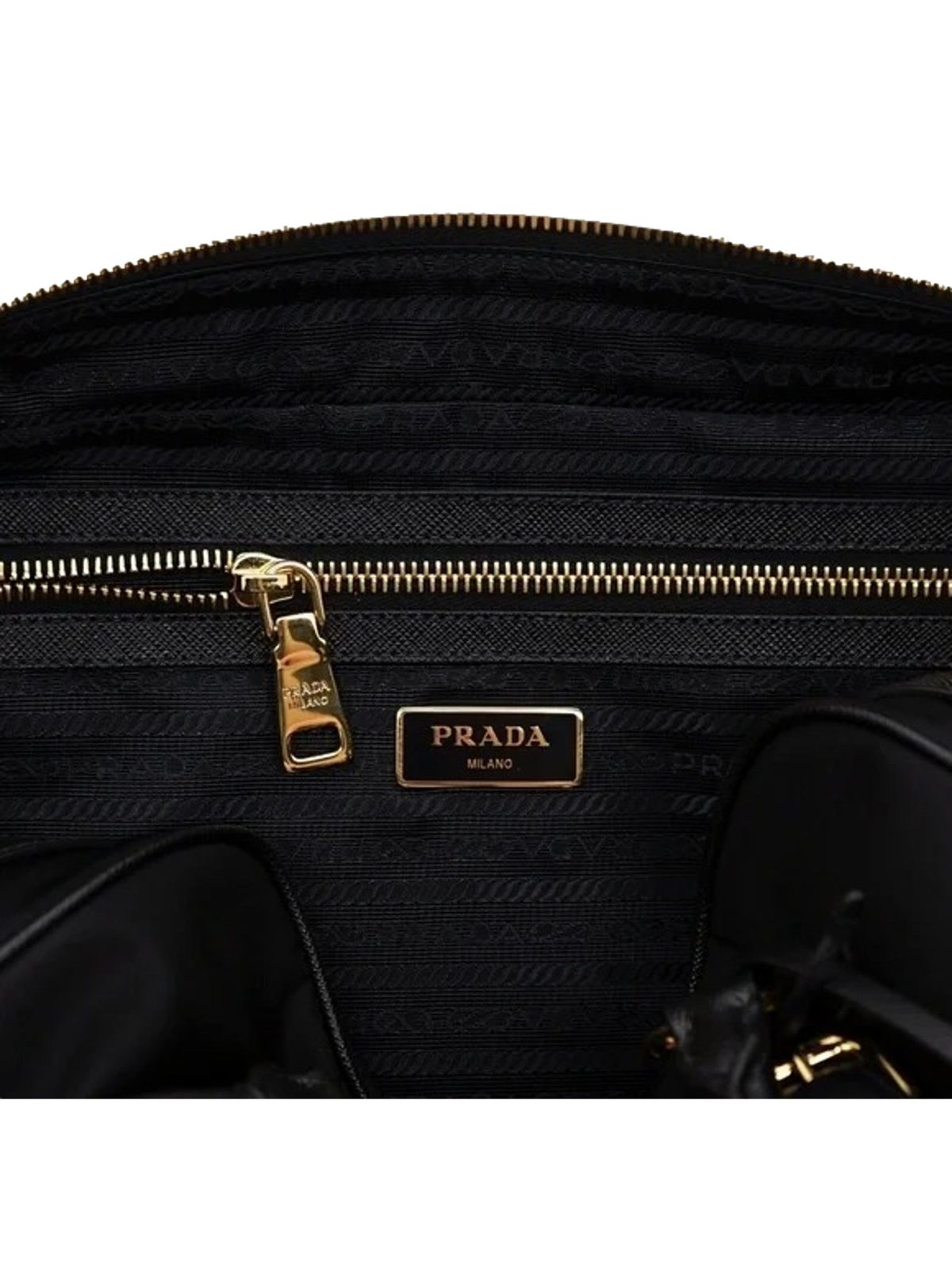 Prada Bauletto Tessuto Nylon Saffiano Black Satchel Bag Gold Lock