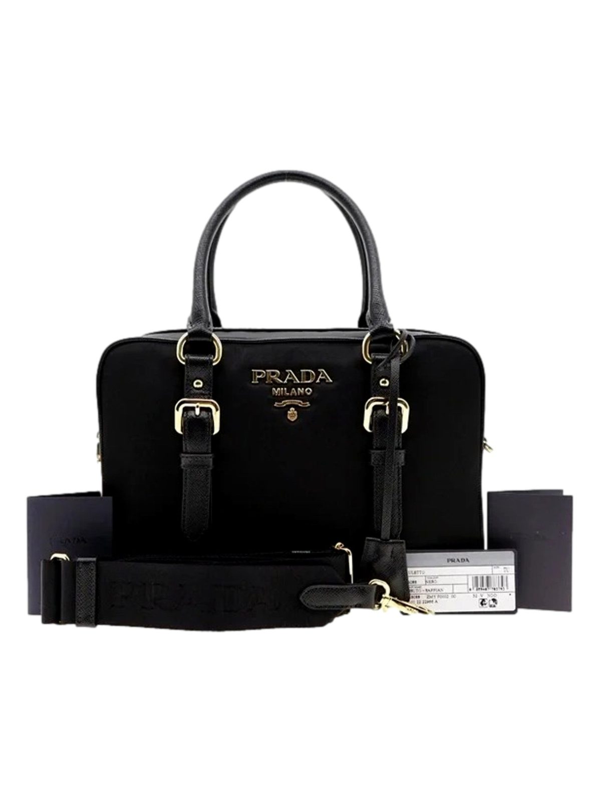 Prada Bauletto Tessuto Nylon Saffiano Black Satchel Bag Gold Lock